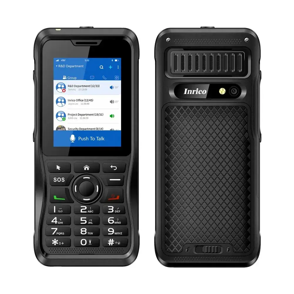 Inrico dual-mode radio handset with keypad showing a push-to-talk group list