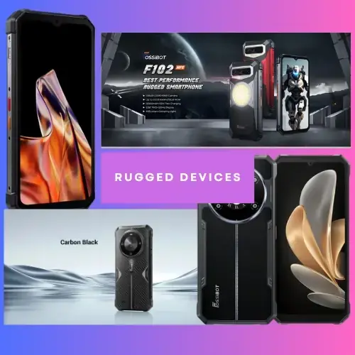 Rugged smartphone shown from the front and rear